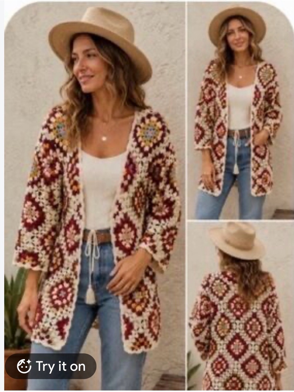 Johnny Was Multicolor Crochet Tie-Front Cardigan with Cream Trim, Stevie. - Picture 6 of 6